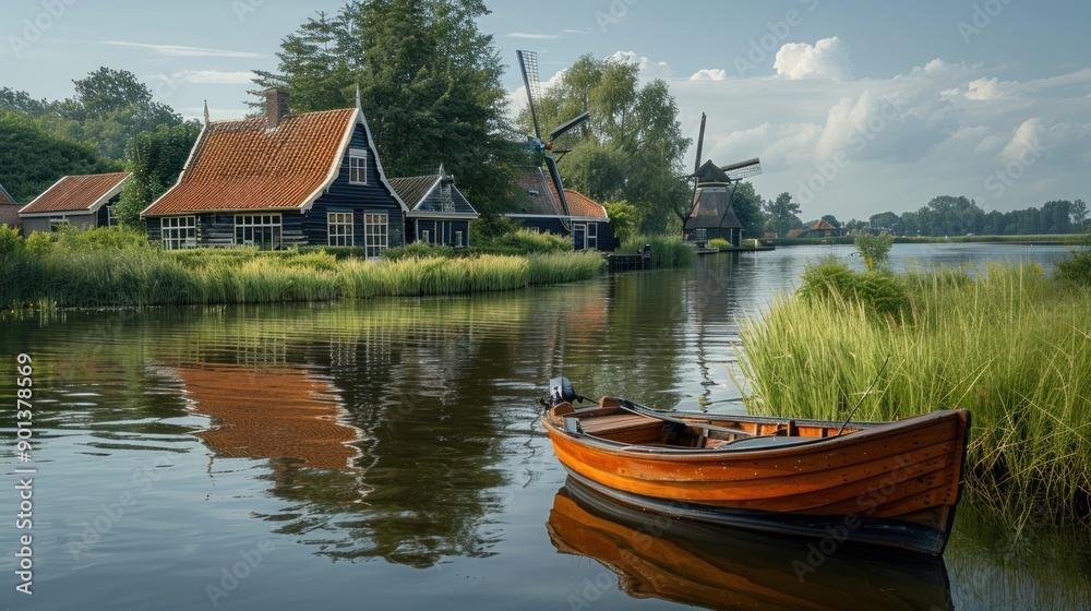 Dutch Windmill Village with Boat on Canal Dutch Windmill Village with Boat on Canal