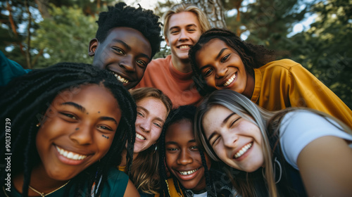 Joyful young people taking a selfie outdoors