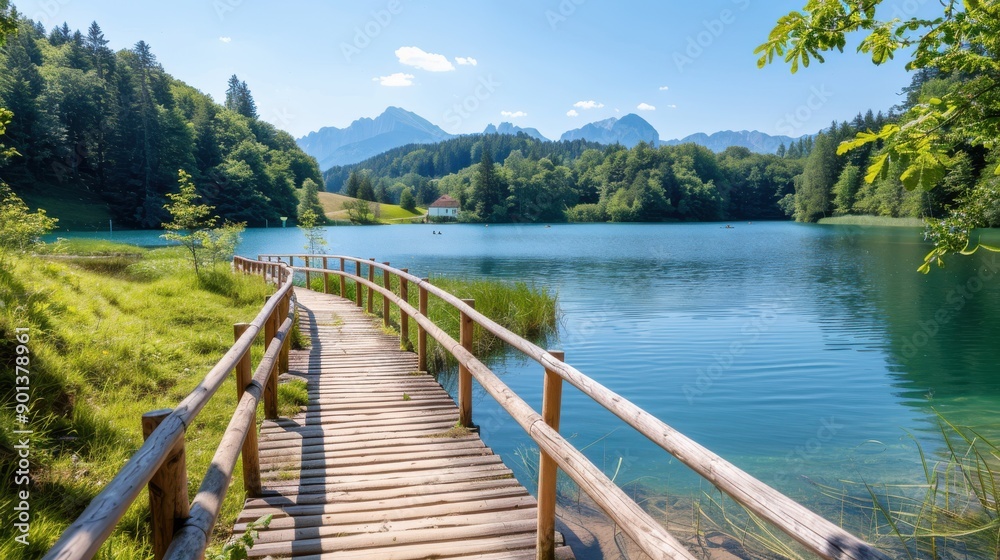 A picturesque wooden walkway leading to a serene lake amidst lush greenery and majestic mountains in the background, depicting the beauty of natural landscapes. A picturesque wooden walkway leading to a serene lake amidst lush greenery and majestic mountains in the background, depicting the beauty of natural landscapes.