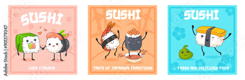 Cartoon sushi rolls poster. Rice sushi retro cute characters, japanese food funny mascot invitation poster seafood japan cookery advertising menu template, neat vector illustration
