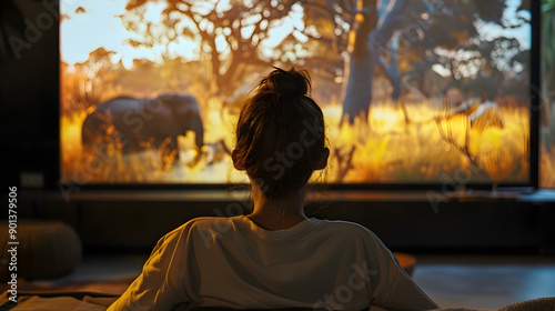 Individual engrossed in documentary, captivated by footage of exotic wildlife and conservation efforts.