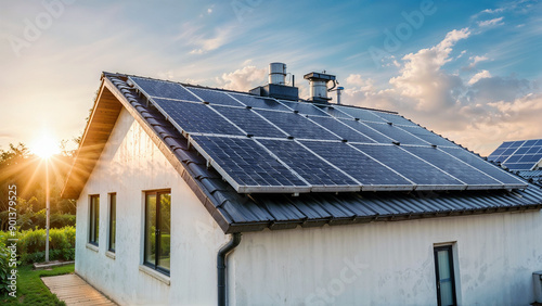 Wallpaper Mural Panel solar energy photovoltaic power roof sun home cell system green house eco industry. Solar energy building panel future electric engineer technology ecology sunset nature station sky light wor Torontodigital.ca