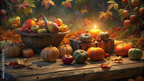 Fall Background. Pumpkins, leaves. Autumn harvest concept