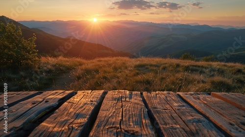empty wooden table on the background of mountains. Selective focus