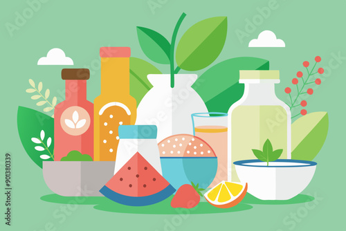 Various food and drinks are shown in this illustration. The illustration features a wide variety of food and drinks, including plants, tableware, liquids, water, drinkware, leaves, bottles, flowerpots