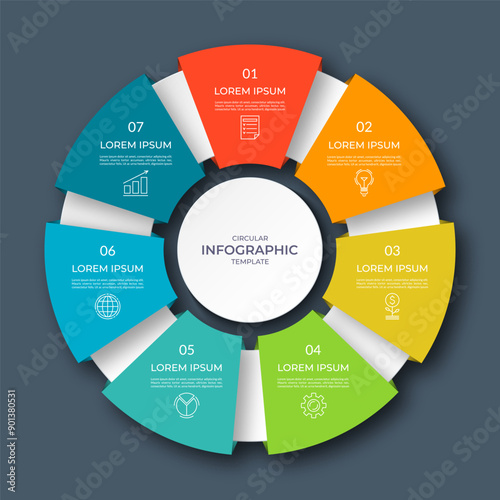 Infographic circular diagram with 7 options, parts. Seven-step process chart with colorful segments, applicable for data visualization, presentation, business infographics.