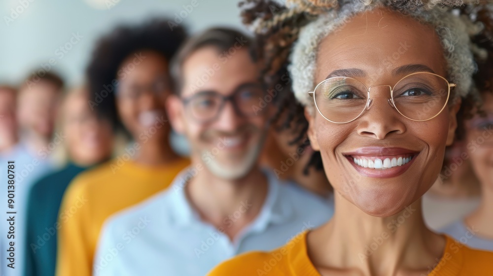 Fototapeta premium A senior woman with glasses smiles brightly while standing in line with a diverse group of people, showcasing inclusivity, togetherness, and happiness in a community setting.