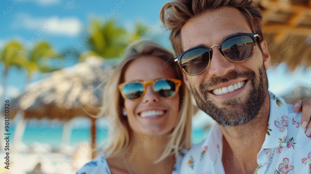 A joyful couple wearing sunglasses, smiles together while enjoying a sunny beach vacation, capturing the carefree spirit of travel, relaxation, and their shared happiness. A joyful couple wearing sunglasses, smiles together while enjoying a sunny beach vacation, capturing the carefree spirit of travel, relaxation, and their shared happiness.