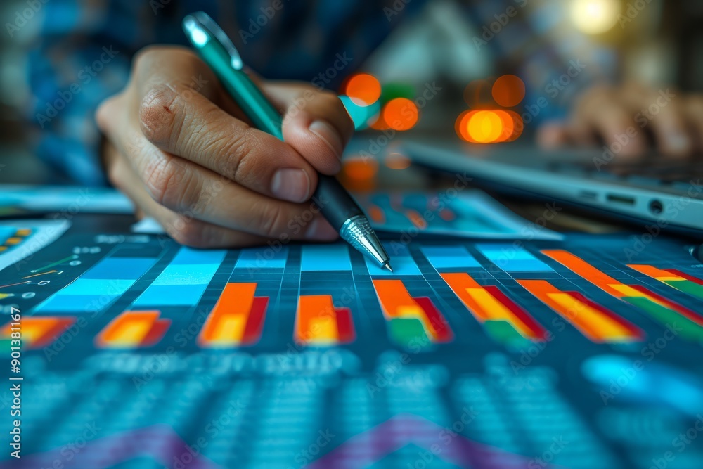 Plot business growth and progress charts on a blue background, analyze financial and investment data, business planning and strategy Plot business growth and progress charts on a blue background, analyze financial and investment data, business planning and strategy