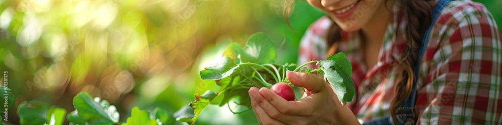a female farmer holds a radish in her hands. Selective focus a female farmer holds a radish in her hands. Selective focus