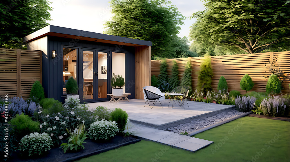 View of Back garden with artificial grass, grey paving slab patio, flower bed with plants View of Back garden with artificial grass, grey paving slab patio, flower bed with plants
