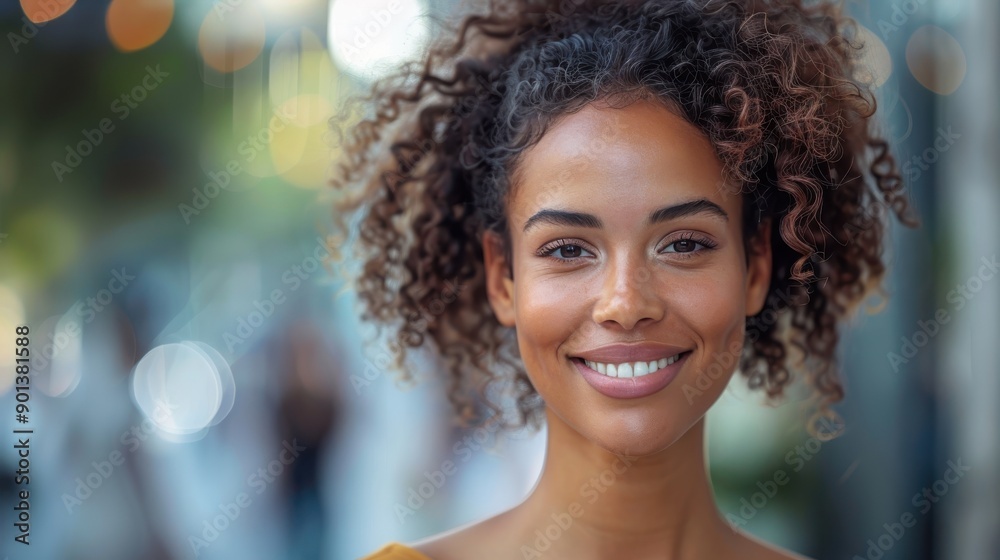 A young woman with curly hair smiles brightly at the camera while standing in a city setting. The background is a blur of citylights, highlighting her joyful expression. A young woman with curly hair smiles brightly at the camera while standing in a city setting. The background is a blur of citylights, highlighting her joyful expression.
