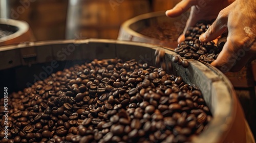 wooden aging barrels on the flavor development of specialty coffee beans, exploring the nuances of aging and infusion. photo