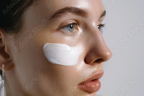 A woman’s face with lotion, beauty products, lotion, skincare products - the perfect background.