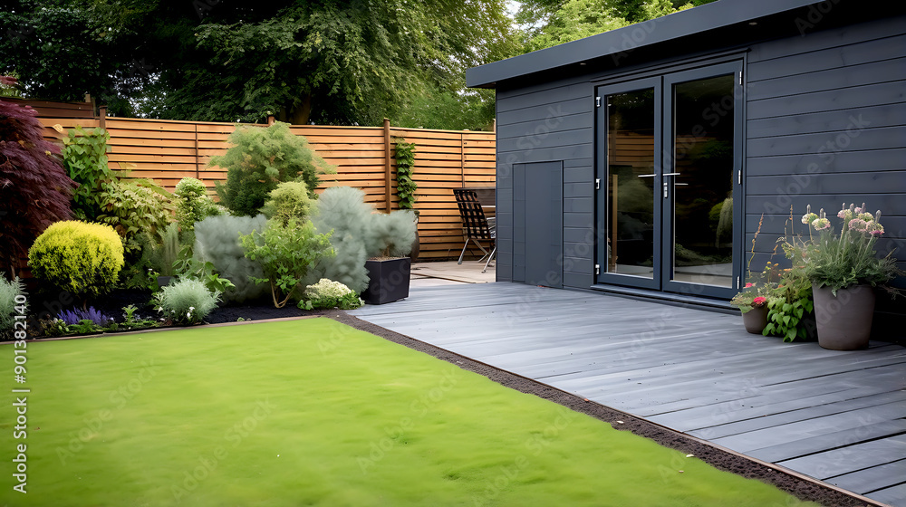 View of Back garden with artificial grass, grey paving slab patio, flower bed with plants View of Back garden with artificial grass, grey paving slab patio, flower bed with plants