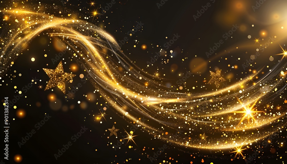 Obraz premium Stars with glowing golden sparkles, vector light effects on black background. Bright shining glitter sparks of gold stars with waves of sparkling dust trail, Christmas, magic or space themes 