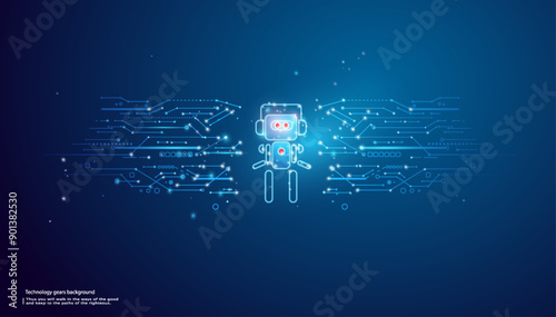 Digital AI robot floating above a light blue neon portal. Technology innovation background. Cute blue polygonal futuristic bot assistant. Tech bg. Low poly wireframe vector illustration.