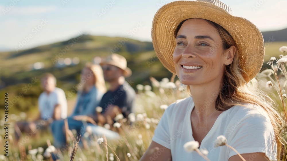 Fototapeta premium A serene woman wearing a sun hat sits in a grassy field, with a blurred group sitting behind her, embracing nature, peace, and relaxation in a scenic setting.