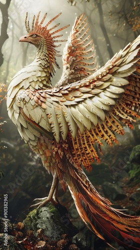 A fantastical creature with elaborate feathers stands majestically in the woods