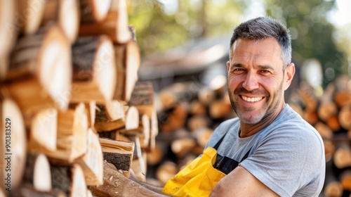 A man clad in a grey shirt and yellow apron vigorously stacking logs in a sunlit environment, showcasing his hard work and resilience, with stacks of wood in the background.