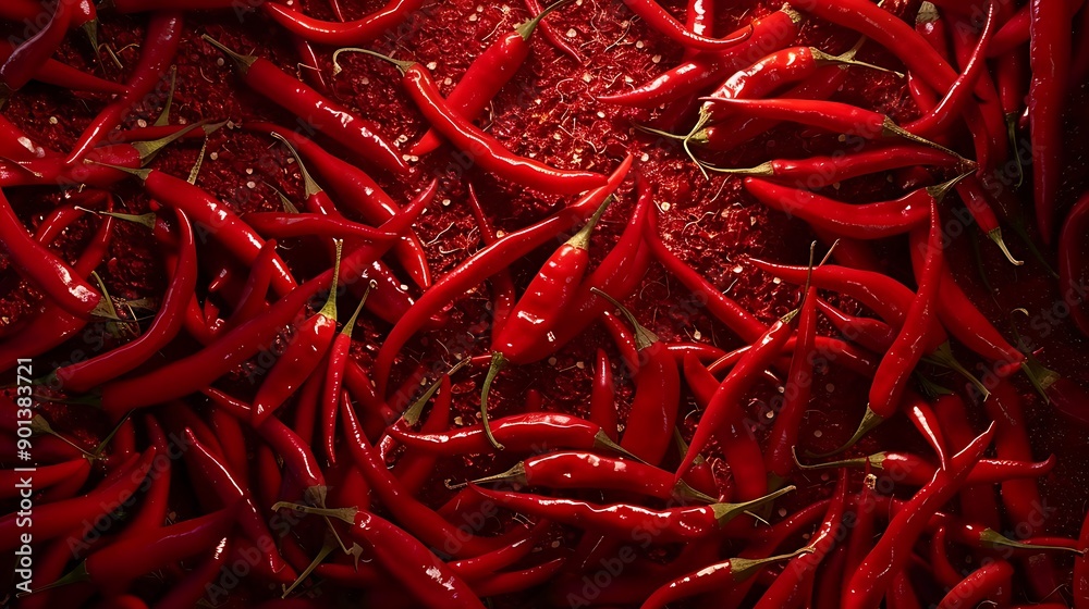Fototapeta premium Close up of a cluster of red chili peppers arranged against a red background, creating a vibrant and spicy still life.