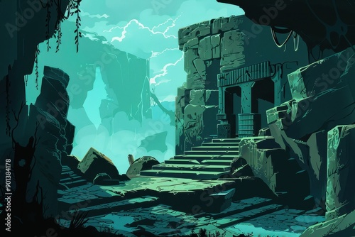 Ancient temple ruins overgrown with vines in a misty jungle photo