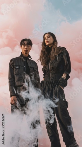 A man and a woman are standing in front of a pink cloud of smoke