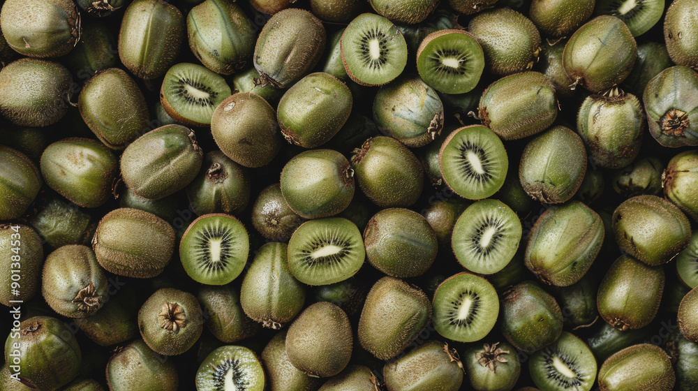 Background filled with many ripe kiwis. The composition features a mix of whole and sliced kiwis, showcasing their vibrant green flesh and tiny black seeds Background filled with many ripe kiwis. The composition features a mix of whole and sliced kiwis, showcasing their vibrant green flesh and tiny black seeds