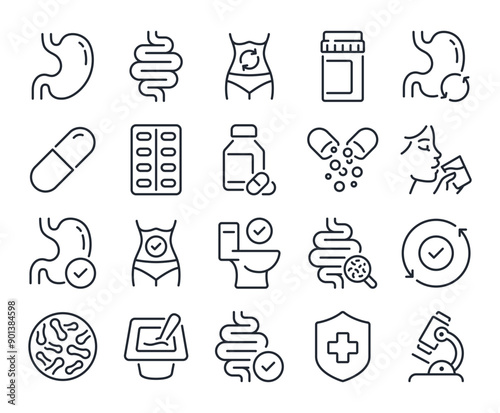 Digestion, intestine, stomach, and probiotics editable stroke outline icons set isolated on white background flat vector illustration. Pixel perfect. 64 x 64