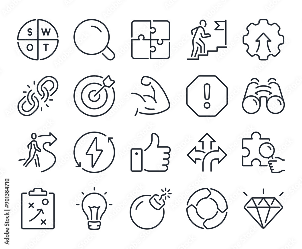 SWOT analysis of strengths, weaknesses, opportunities and threats editable stroke outline icons set isolated on white background flat vector illustration. Pixel perfect. 64 x 64 SWOT analysis of strengths, weaknesses, opportunities and threats editable stroke outline icons set isolated on white background flat vector illustration. Pixel perfect. 64 x 64