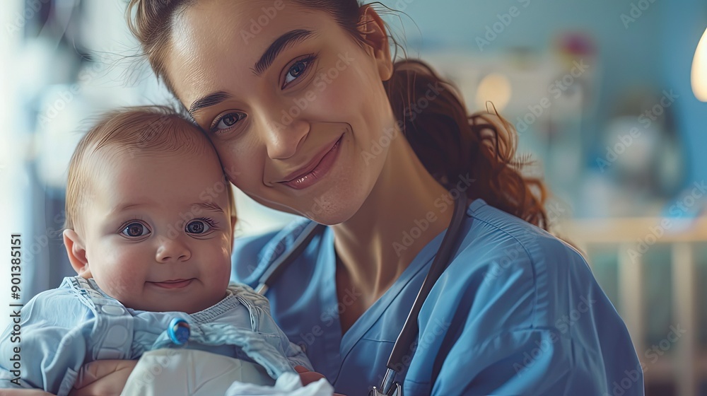 Portrait of pediatrician nurse holding and taking care newborn baby in hospital ward, Generative Ai Portrait of pediatrician nurse holding and taking care newborn baby in hospital ward, Generative Ai