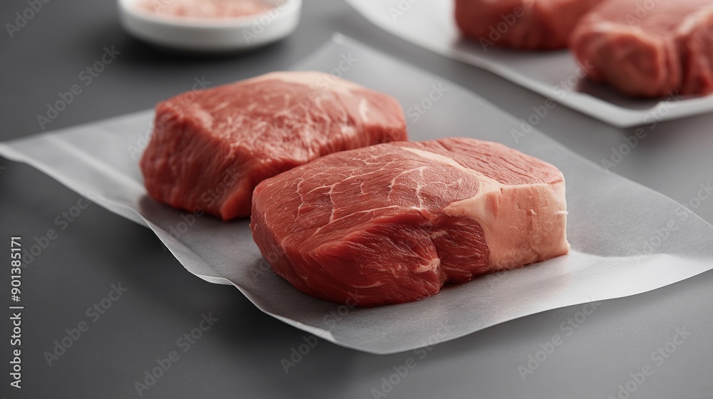 Close-up of two raw wagyu beef steaks on parchment paper over a dark surface, showing their marbled texture. Blurred background includes more beef pieces and a bowl of seasoning. Close-up of two raw wagyu beef steaks on parchment paper over a dark surface, showing their marbled texture. Blurred background includes more beef pieces and a bowl of seasoning.