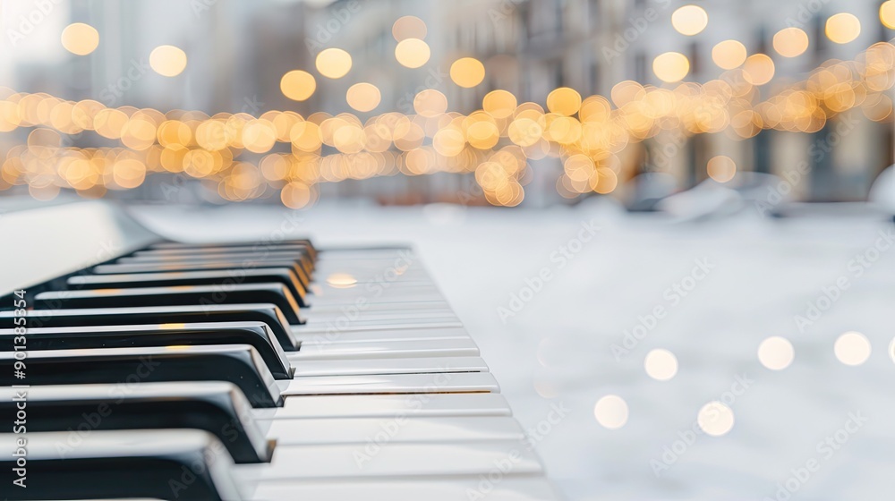 Piano Keys In Focus With Blurred Lights Creating A Festive Atmosphere Piano Keys In Focus With Blurred Lights Creating A Festive Atmosphere