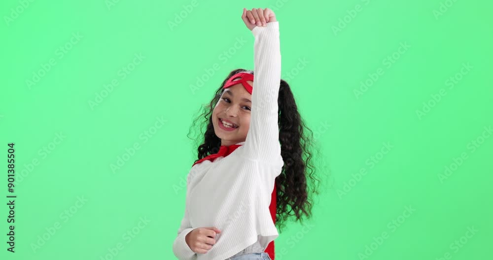 Girl, child and superhero for flying by green screen with face, smile or fantasy by studio background. Kid, excited and portrait with power, flight or playful with mockup space in Colombia with wind Girl, child and superhero for flying by green screen with face, smile or fantasy by studio background. Kid, excited and portrait with power, flight or playful with mockup space in Colombia with wind