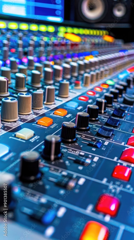 Detailed View of a Modern Audio Mixing Console in a Recording Studio Detailed View of a Modern Audio Mixing Console in a Recording Studio