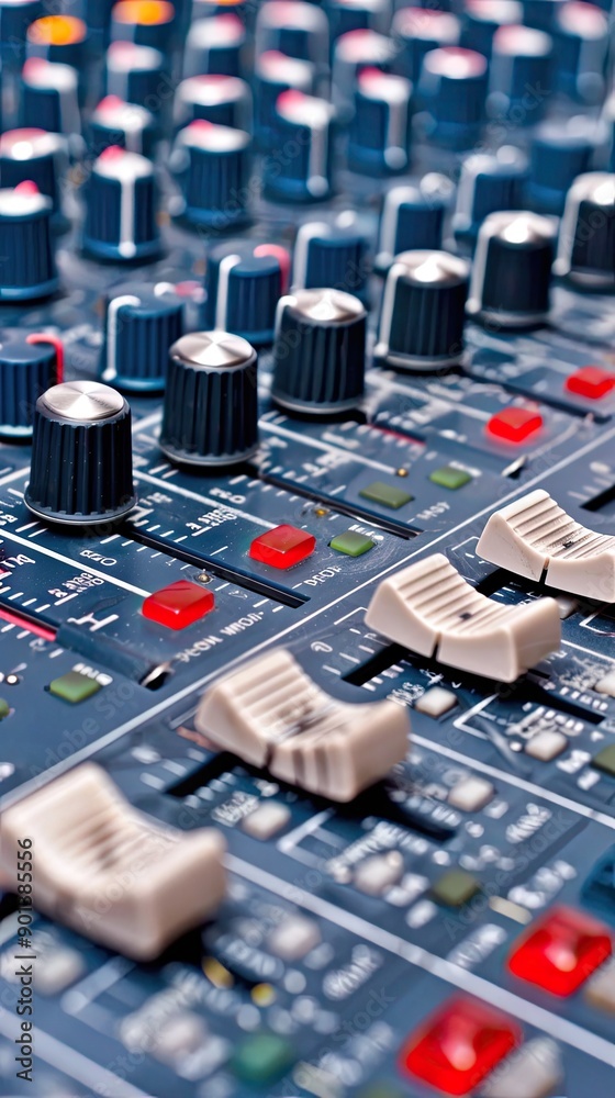 Detailed View of a Professional Audio Mixer With Knobs and Faders in Use Detailed View of a Professional Audio Mixer With Knobs and Faders in Use