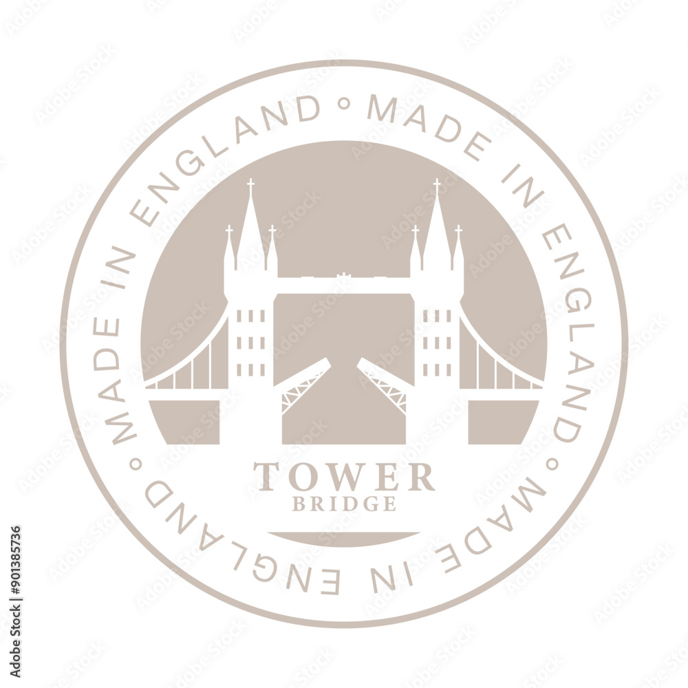 Obraz premium Vector circle colored symbol Tower Bridge in London UK. Text Made in England with characteristic buildings. Isolated on white background. 
