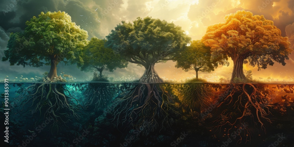 Students' thoughts visualized as intertwining roots of different trees ...