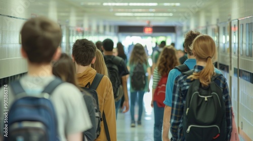 group of high school students walking down hallway in academy soft focus on faces and backpacks