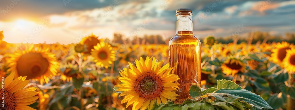 oil in a glass jar on a background of sunflowers. Selective focus oil in a glass jar on a background of sunflowers. Selective focus