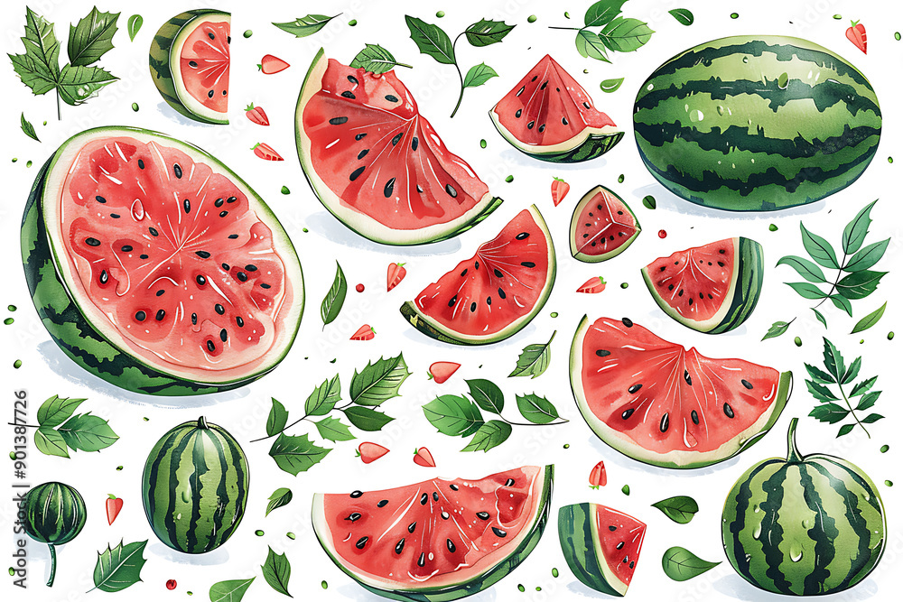 Watermelon pattern. Fresh sliced fruits illustrations for textile design projects recent vector seamless background Watermelon pattern. Fresh sliced fruits illustrations for textile design projects recent vector seamless background