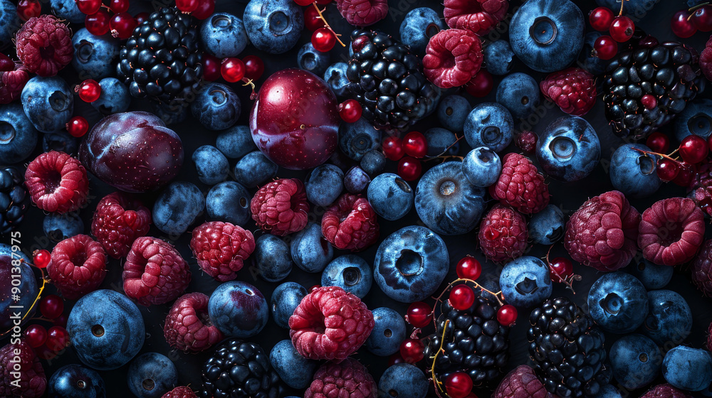 Background of fresh fruits and berries. Ripe blackberries, blueberries, plums, and raspberries. A colorful mix of black, blue, and red fruits. Top view. Perfect for a vibrant, healthy food background. Background of fresh fruits and berries. Ripe blackberries, blueberries, plums, and raspberries. A colorful mix of black, blue, and red fruits. Top view. Perfect for a vibrant, healthy food background.