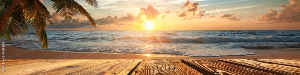 Naklejka premium empty wooden table on tropical beach ocean background. Selective focus