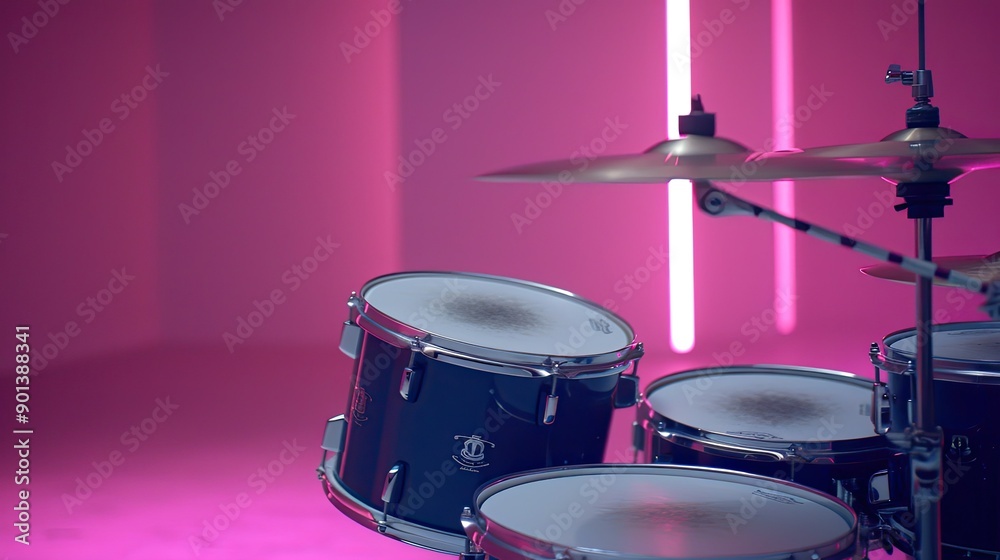 Obraz premium Energetic Drum Set With Colorful Neon Lights During a Music Session