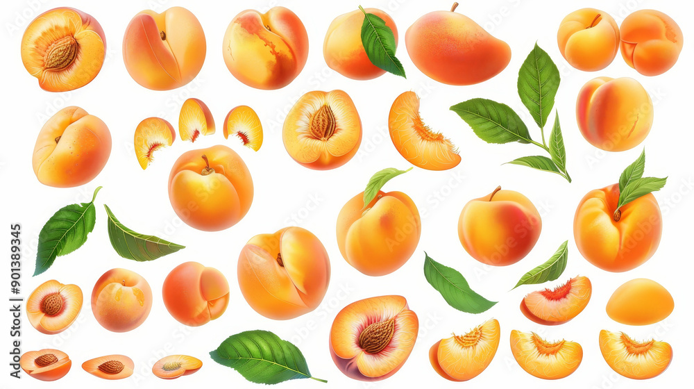 A high-resolution image showcasing a set of fresh, ripe peaches and their different parts. This includes whole peaches, halved peaches, slices, and peach leaves. The image emphasizes the textures and A high-resolution image showcasing a set of fresh, ripe peaches and their different parts. This includes whole peaches, halved peaches, slices, and peach leaves. The image emphasizes the textures and
