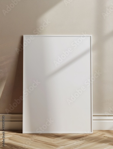 front view mock-up of a minimal movie poster in a3 print with white border on paper. leaning to a beige wall on the wood floor Showcase the details and texture of the print in a realistic setting.