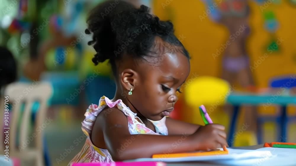 Cute kindergarten girl sitting at the table in a room drawing painting. Arts education fun activities