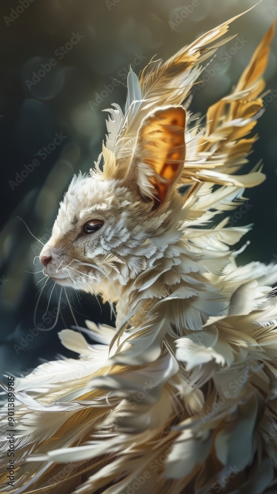 A whimsical animal with feathered fur stands amidst enchanting woods