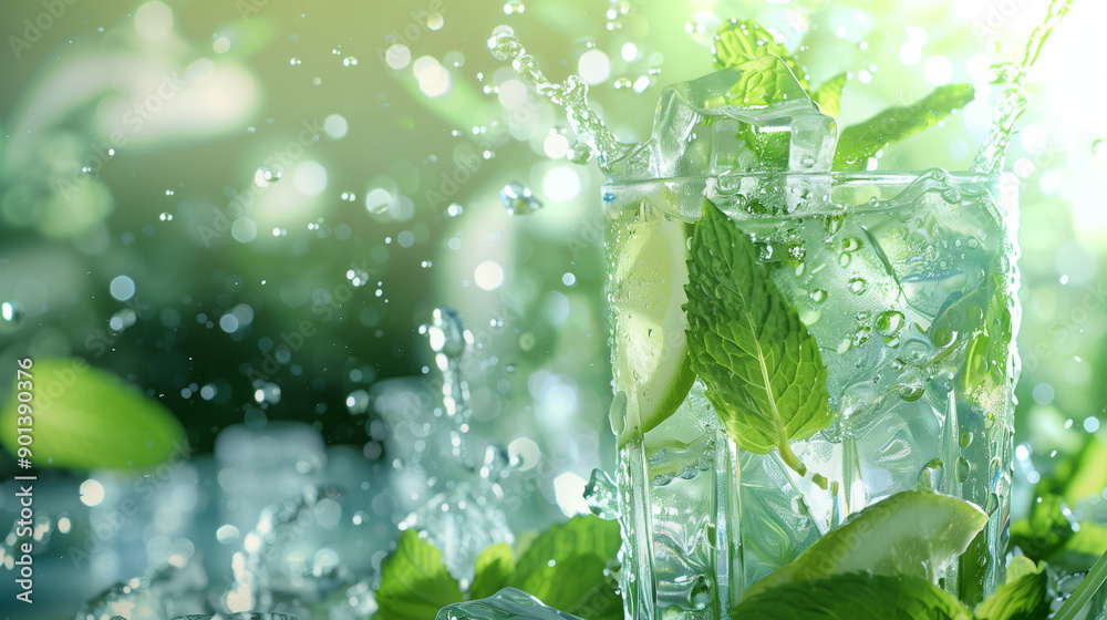 Mint Mojito, summer drinks, water splash, ice cubes in the glass cup, water in a glass Mint Mojito, summer drinks, water splash, ice cubes in the glass cup, water in a glass