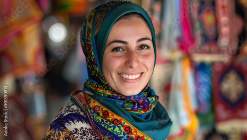 A portrait of an attractive beautiful young Muslim woman in colorful and headscarf smiling at the camera. Outdoor market scene